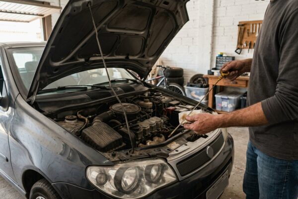 Mãos segurando a vareta de óleo de um carro com o capô aberto na garagem